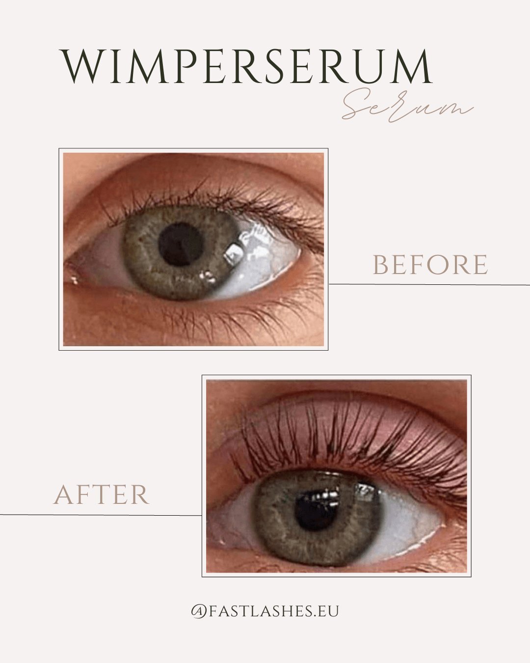 Voor en na resultaat wimperserum, zichtbaar vollere en langere wimpers, close-up oog.
