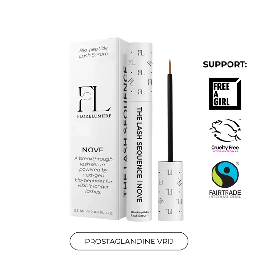 Wimperserum met bio-peptiden, witte verpakking, borsteltje, prostaglandine vrij label.