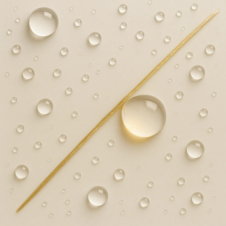 Druppels water en een gouden draad op beige achtergrond, cosmetica huidverzorging visual