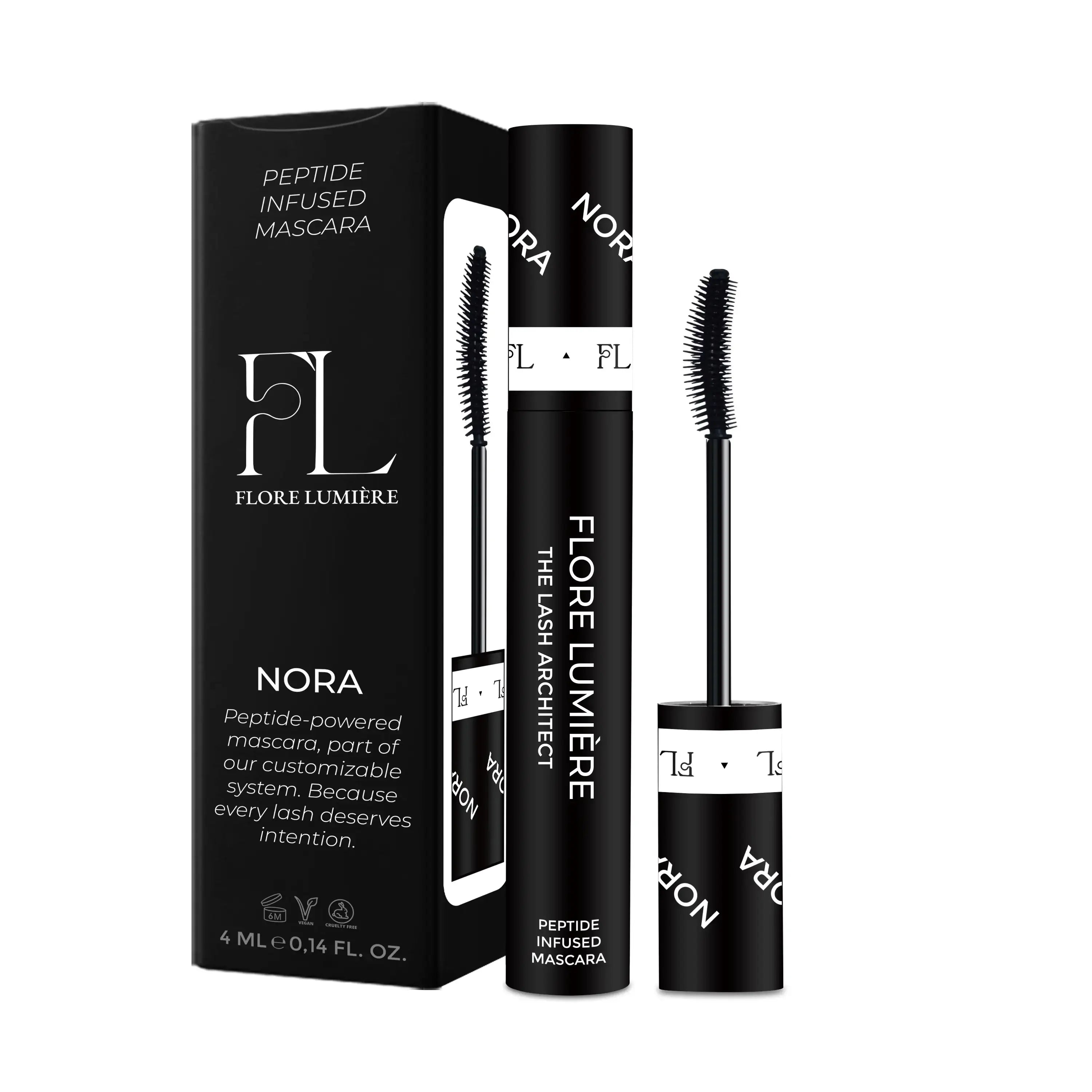 Flore Lumière NORA peptide mascara, zwarte verpakking met borsteltje, lash architect