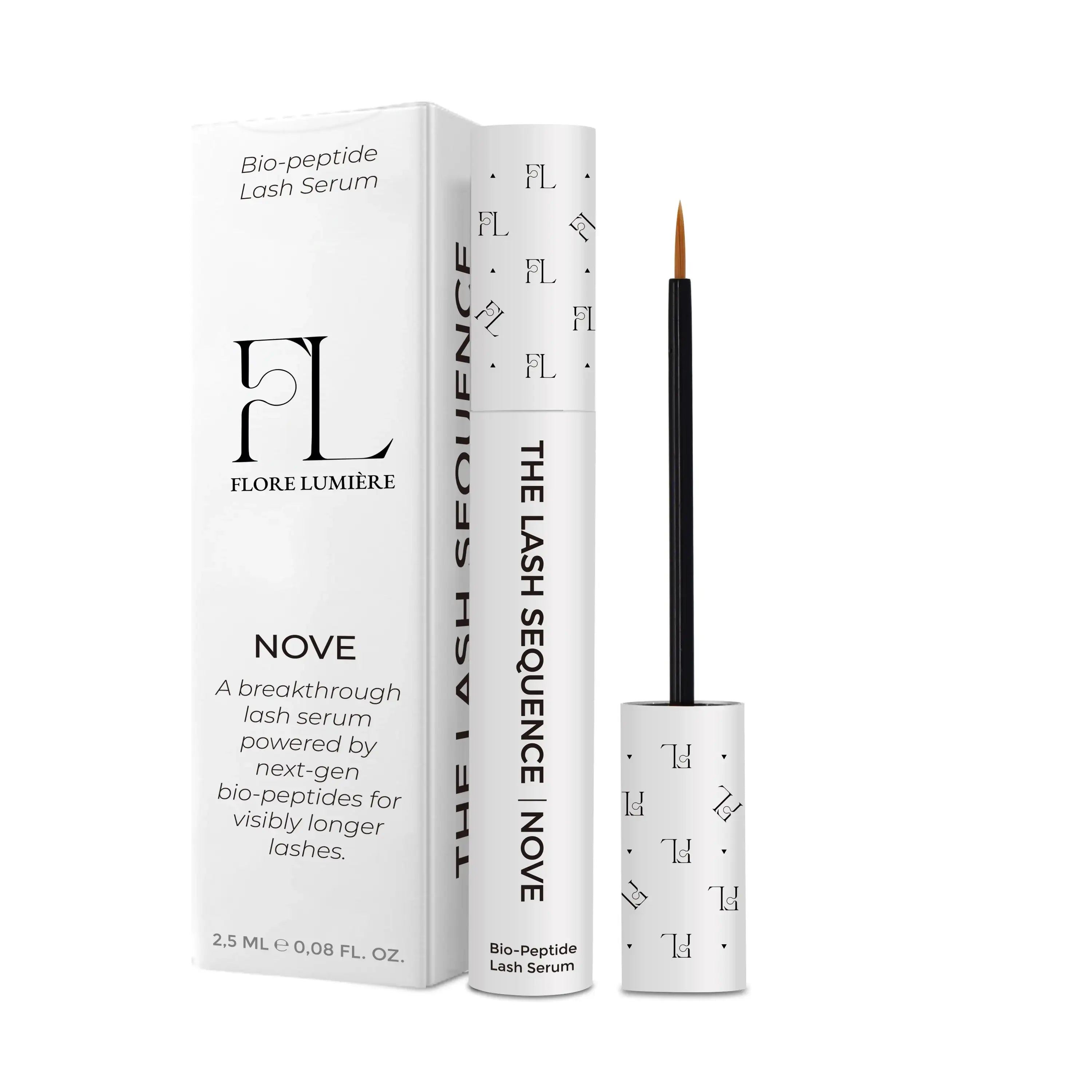 Bio-peptide wimperserum in witte verpakking met penseelapplicator en doosje