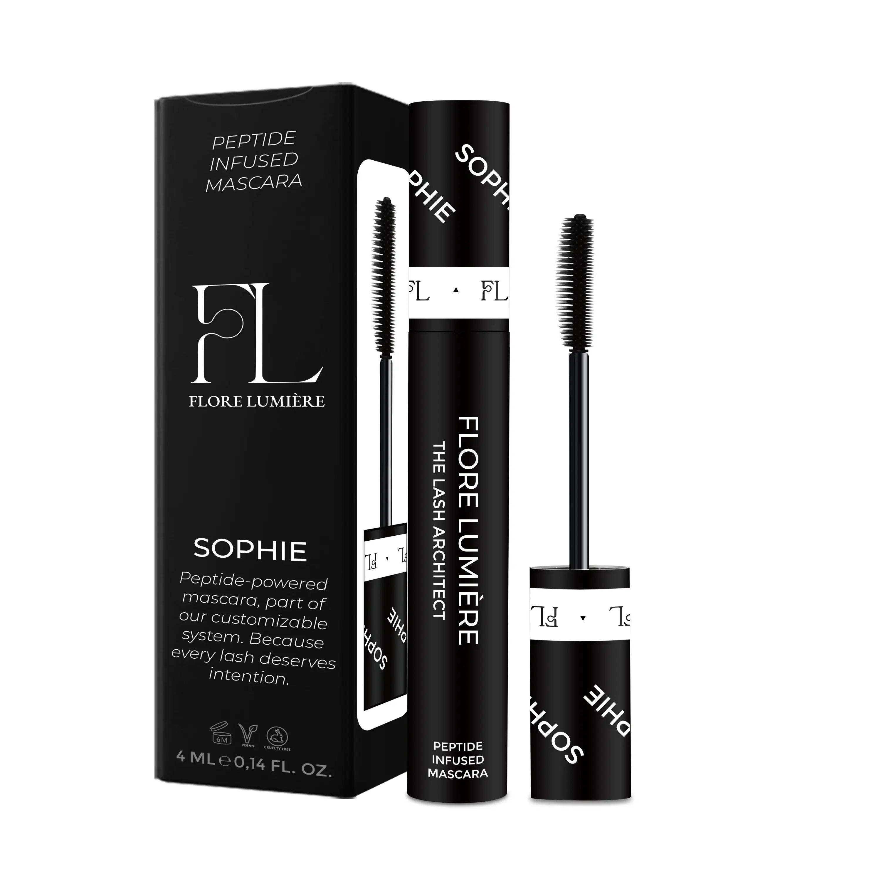 Peptide mascara SOPHIE met borstel, zwarte luxe verpakking, zichtbare ingrediëntenbeschrijving
