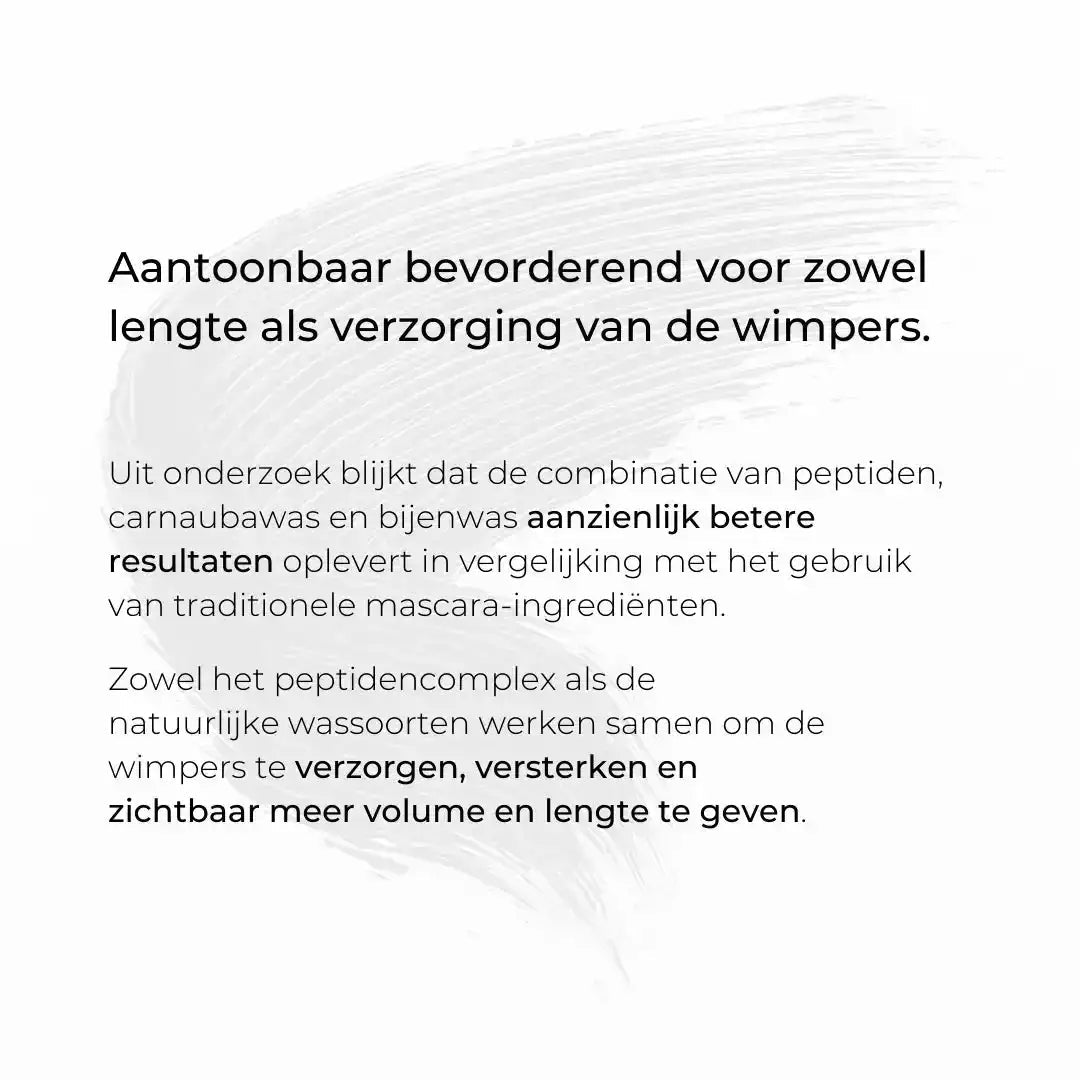 Informatieve afbeelding met tekst over mascara serum dat wimperlengte en verzorging bevordert.