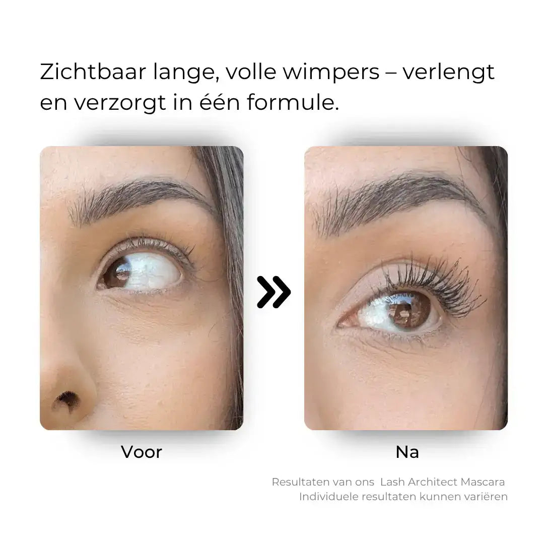 Voor- en nafoto van wimpers met mascara en wimperserum, langer en voller resultaat