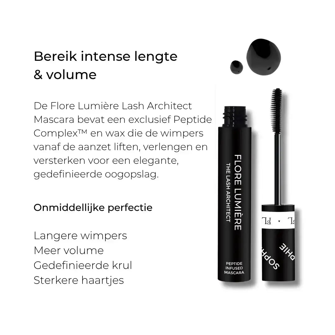 Zwarte mascara met borsteltje en serum, voor langere en vollere wimpers, op witte achtergrond.