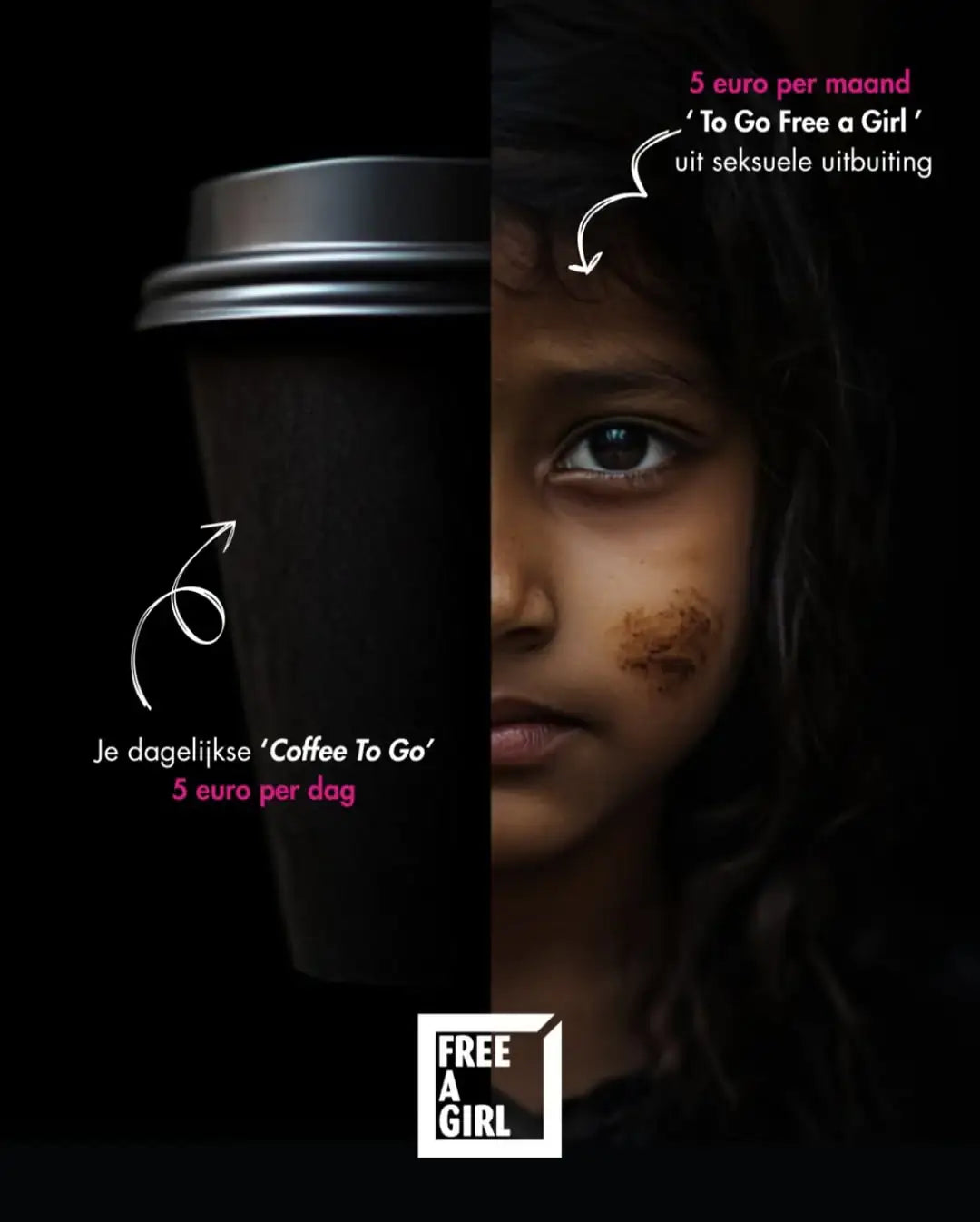 Campagnebeeld met een halve koffiebeker en een half gezicht van een jong meisje, tekst over doneren aan meisjeshulp.