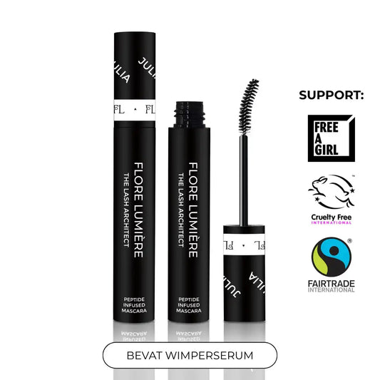 Zwarte mascara met wimperserum, vegan, cruelty free en fairtrade gecertificeerd.