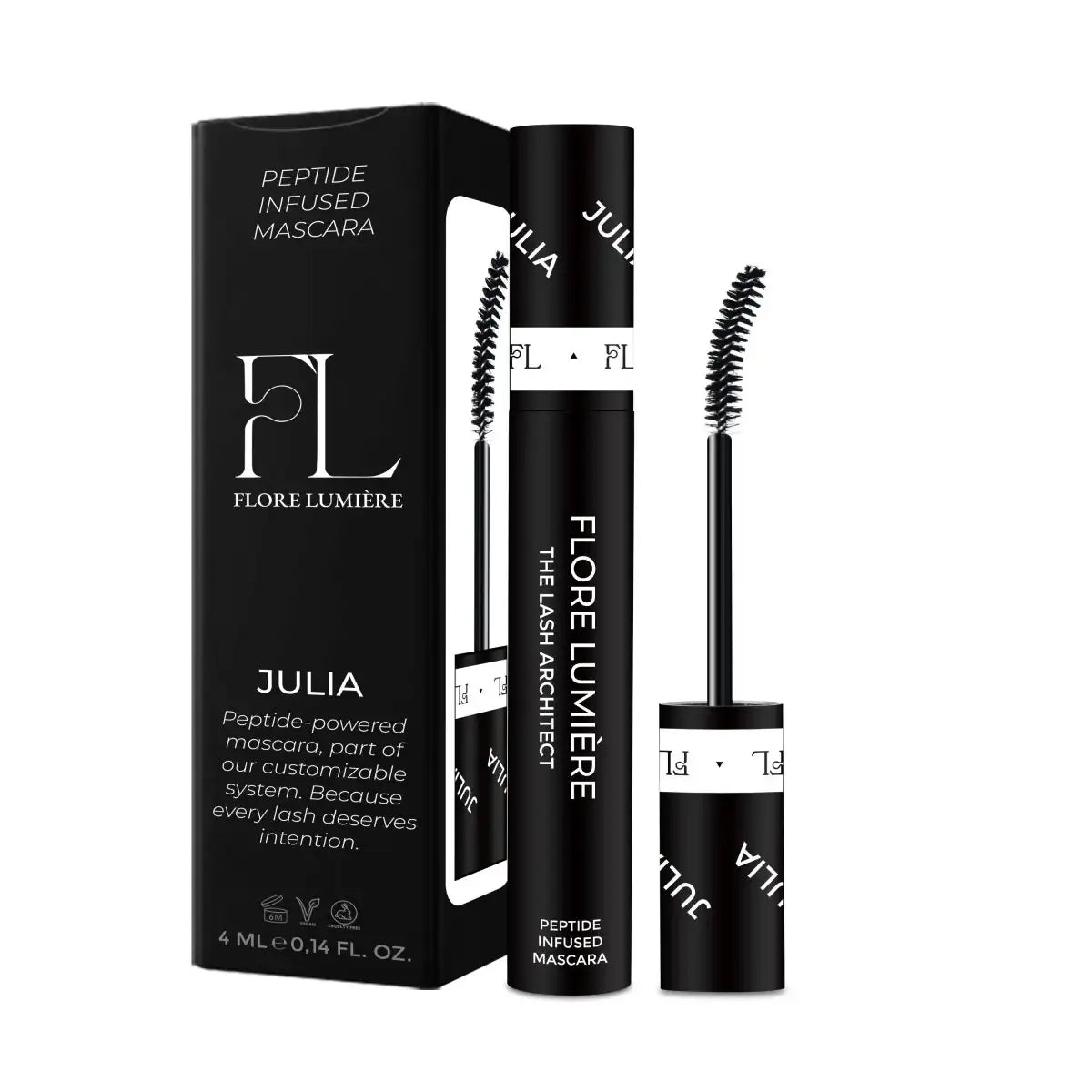 Peptide mascara met wimperserum, zwarte verpakking en mascaraborstel, close-up productfoto