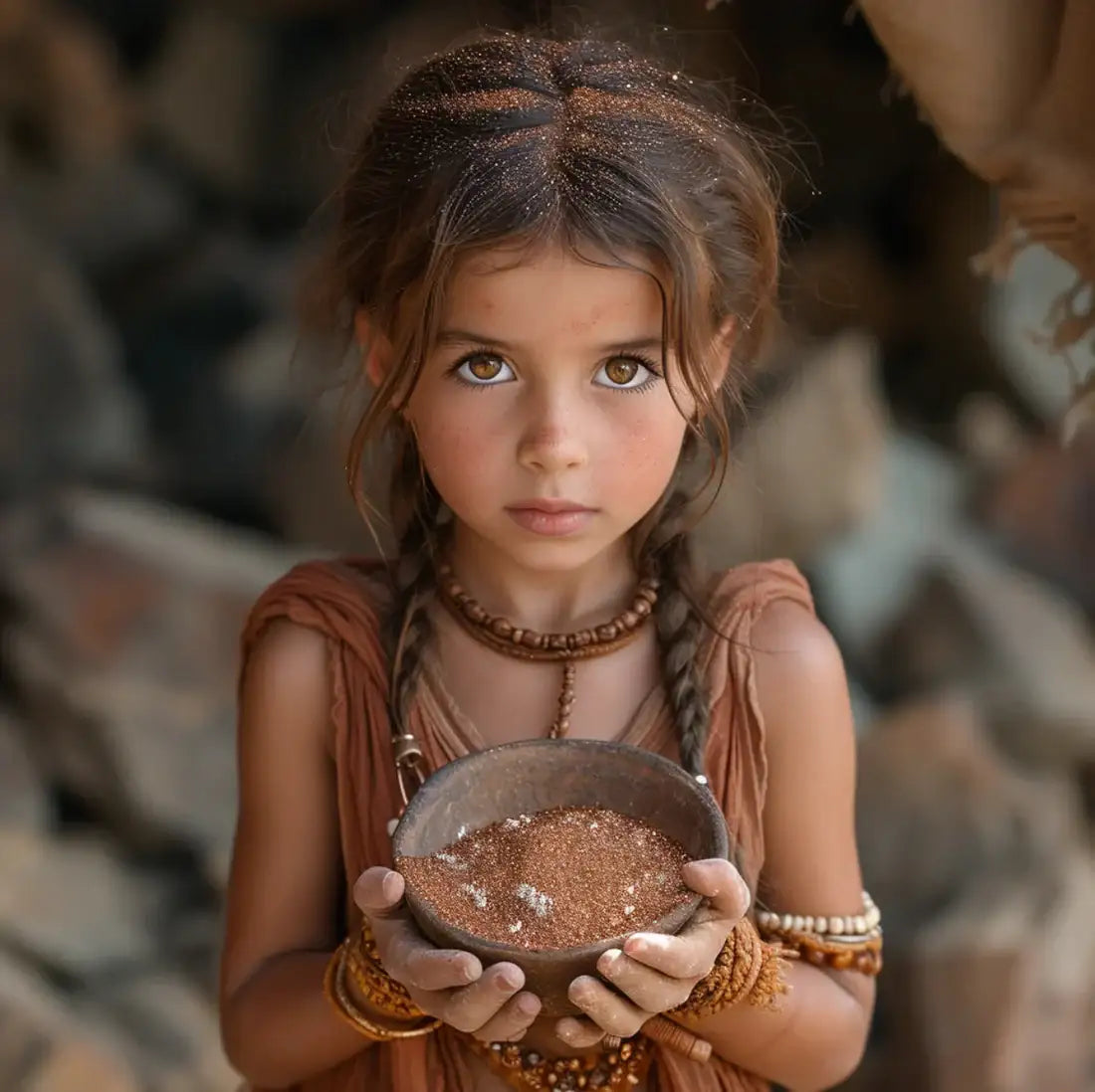 Meisje met vlechten houdt kom met mica mineralen in handen, natuurlijke aardetinten, rustieke omgeving