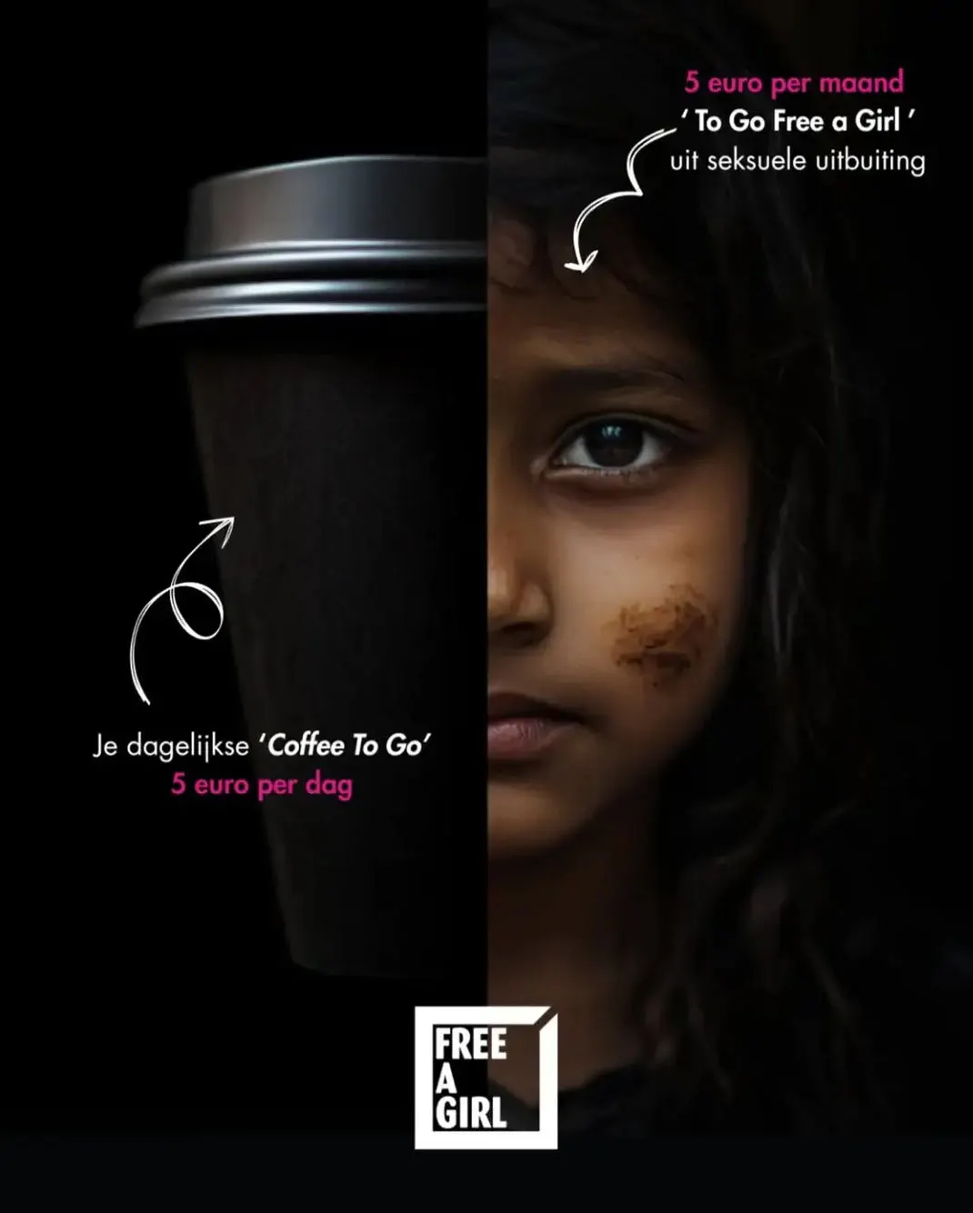 Campagnebeeld met een halve koffiebeker en een half gezicht van een jong meisje, tekst over doneren aan meisjeshulp.