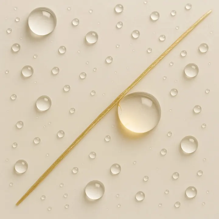 Druppels water en een gouden draad op beige achtergrond, cosmetica huidverzorging visual